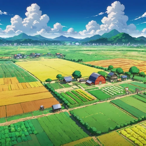 yamada's rice fields,kanto,yazaki,blooming field,farm background,miyazaki,vegetable field,rice fields,fields,farm landscape,fruit fields,green fields,yoshikuni,rural landscape,countryside,chikuzen,farmland,ricefield,japan landscape,hokkaido,Illustration,Japanese style,Japanese Style 03