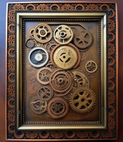 steampunk gears,tansu,cog,clockworks,panel,copper frame,wall clock,decorative frame,dharma wheel,woodburning,art nouveau frame,tock,tsuba,aranmula,vastu,wood board,control panel,henna frame,openwork frame,horology,Illustration,Realistic Fantasy,Realistic Fantasy 13