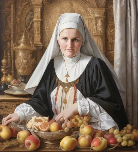 woman eating apple,girl picking apples,woman holding pie,girl with bread-and-butter,basket with apples,appelmans,portrait of christi,timoshenko,postulant,canoness,clergywoman,maidservant,basket of apples,foundress,appelate,nun,portrait of a woman,marmalades,zurvanism,nunsense,Digital Art,Classicism
