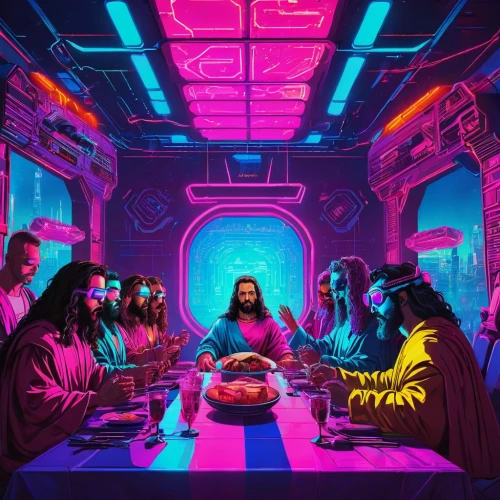 holy supper,last supper,christ feast,cantina,jesusa,diner,easter background,neon cocktails,lachapelle,dinner party,dining,poyiadjis,passover,neon drinks,neon coffee,christmas dinner,judas,family dinner,would a background,laptop wallpaper,Conceptual Art,Sci-Fi,Sci-Fi 27