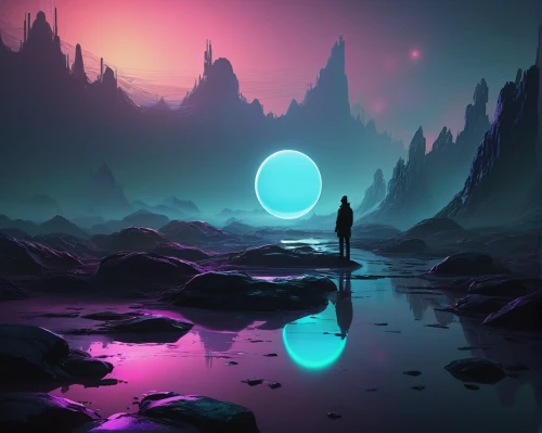 futuristic landscape,alien planet,extrasolar,fantasy landscape,alien world,lunar landscape,barren,dreamscape,virtual landscape,vast,vapor,fantasia,rift,lunar,3d fantasy,wanderer,purple landscape,atmospheres,fantasy picture,moons,Illustration,Abstract Fantasy,Abstract Fantasy 01