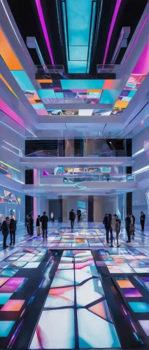 futuristic art museum,kaleidoscape,galleria,colored lights,guggenheim museum,hypermodern,skating rink,colorful light,ufo interior,light art,technicolour,flavin,rockefeller plaza,lightsquared,dongdaemun,atrium,spaceship interior,light space,hall of nations,colorful glass,Art,Artistic Painting,Artistic Painting 44