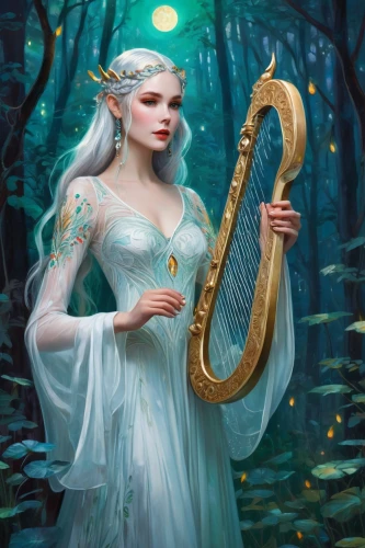 celtic harp,harp player,harp with flowers,harpist,angel playing the harp,the flute,ancient harp,harp,fantasy picture,flute,lyre,fantasy art,galadriel,trumpet of the swan,flutist,music fantasy,fantasy portrait,harp strings,flautist,constellation lyre,Conceptual Art,Oil color,Oil Color 25