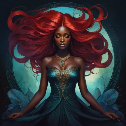 niobe,vodun,oshun,black queen,djinn,ledisi,amphitrite,sorceress,heart chakra,seelie,priestess,root chakra,persephone,the zodiac sign pisces,afrofuturism,nephthys,zodiac sign libra,binti,fantasy art,fantasy portrait,Illustration,Realistic Fantasy,Realistic Fantasy 15