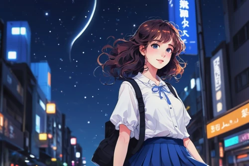 kumiko,starry sky,anime japanese clothing,shibuya,kodori,michiru,akiba,city lights,anime girl,hikari,onodera,kaori,megumi,azusa nakano k-on,clear night,night sky,nanami,haru,nightsky,citylights,Illustration,Paper based,Paper Based 20