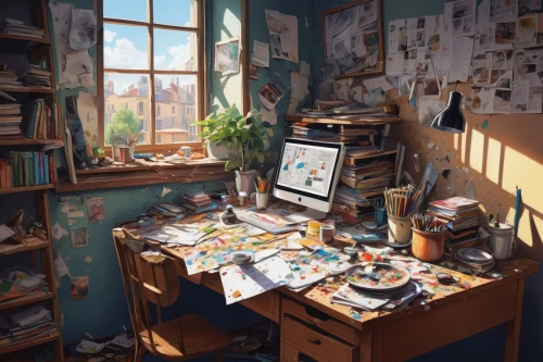 workspace,study room,studio ghibli,chomet,tidiness,atelier,study,roominess,clutter,overpainting,room,working space,desk,work space,cluttered,morning light,creative office,workstation,miniaturist,microenvironment,Art,Artistic Painting,Artistic Painting 06