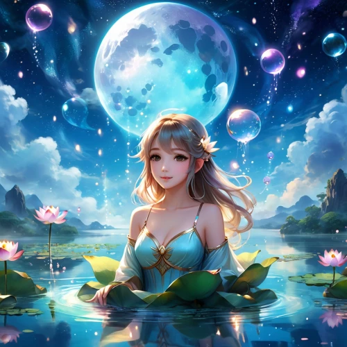 nami,moon and star background,mermaid background,fantasy picture,water lotus,janna,water nymph,kupala,scylla,yuanji,fairy world,fantasy portrait,sophitia,zodiac sign libra,stars and moon,zelda,fantasia,beautiful wallpaper,fantasy art,diana,Illustration,Realistic Fantasy,Realistic Fantasy 01