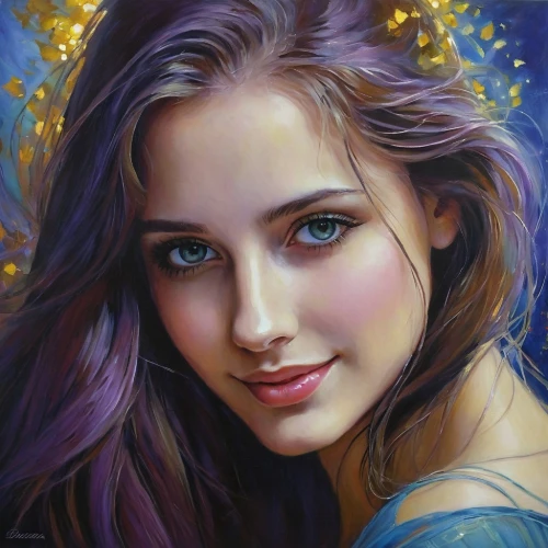 romantic portrait,mystical portrait of a girl,behenna,fantasy art,fantasy portrait,girl portrait,yuriev,young woman,art painting,donsky,oil painting on canvas,oil painting,evgenia,violetta,violet colour,romantic look,young girl,markarian,beautiful young woman,dmitriev,Illustration,Realistic Fantasy,Realistic Fantasy 30