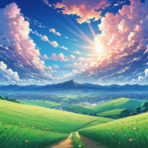 landscape background,blooming field,nature background,beautiful wallpaper,windows wallpaper,sky,meadow landscape,springtime background,spring background,beautiful landscape,flower field,high landscape,cielo,horizon,paisaje,nature landscape,mountain landscape,valley,vista,ghibli,Illustration,Japanese style,Japanese Style 04