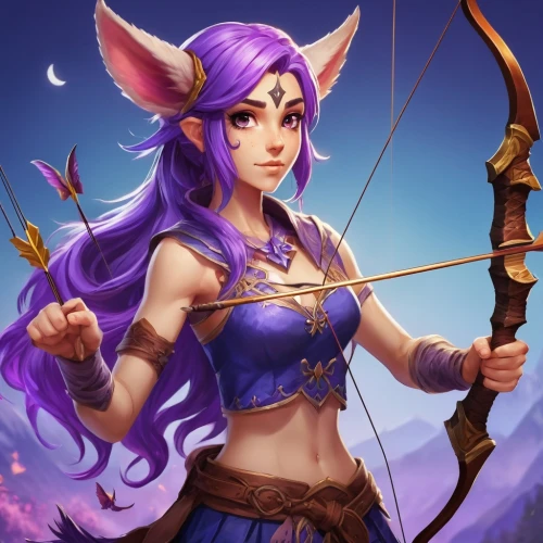 violet head elf,kaisa,faegre,tera,jaina,liliana,alani,vaira,bow and arrows,elysa,fae,huntress,vel,freya,rafaela,kittani,zarina,zodiac sign libra,trine,twitch icon,Conceptual Art,Fantasy,Fantasy 31