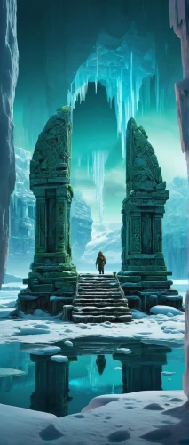 ice castle,tunheim,ice planet,jotunheim,icewind,cartoon video game background,mausoleum ruins,khandaq,artemis temple,ancient city,portal,ice cave,oxenhorn,cube background,ice wall,labyrinthian,hall of the fallen,brygada,necropolis,northrend,Illustration,Realistic Fantasy,Realistic Fantasy 39