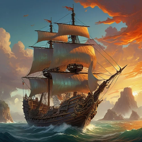 sea sailing ship,galleon,sail ship,sailing ship,pirate ship,caravel,sea fantasy,merchantman,sailing ships,fantasy picture,pirate treasure,tallship,whaleship,commandeer,gangplank,scarlet sail,longship,maelstrom,three masted sailing ship,privateering,Conceptual Art,Fantasy,Fantasy 18