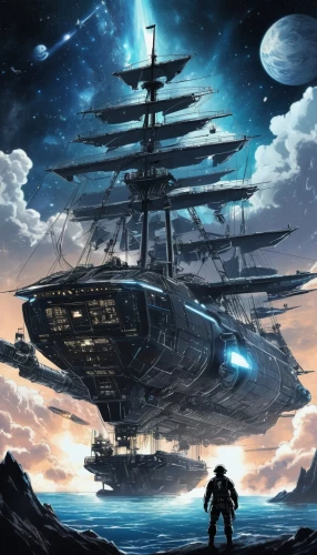 sci fiction illustration,carrack,spelljammer,whaleship,star ship,skyship,sea fantasy,voyagers,airships,alien ship,flagship,galleon,atlanticus,megaships,battlefleet,centurione,helicarrier,ship travel,the ship,fantasy picture,Illustration,Paper based,Paper Based 30