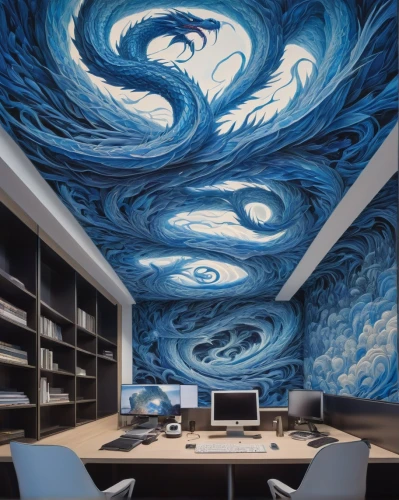 creative office,the great wave off kanagawa,blue room,coral swirl,wallcoverings,study room,ceiling lighting,interior design,swirled,ceiling lamp,great room,marble painting,wavevector,computer room,wallcovering,modern decor,wave pattern,ufo interior,sky space concept,wall decoration,Art,Artistic Painting,Artistic Painting 48