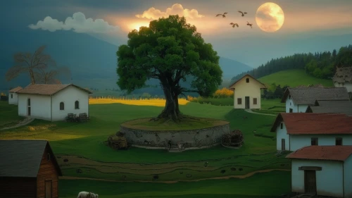 cartoon video game background,fantasy landscape,landscape background,mushroom landscape,fantasy picture,home landscape,rural landscape,world digital painting,lonely house,lone tree,isolated tree,farm landscape,moss landscape,green landscape,paysage,smallworld,house silhouette,children's background,meadow landscape,nature landscape,Photography,Documentary Photography,Documentary Photography 22