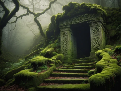 moss landscape,witch's house,creepy doorway,ancient house,witch house,fairy door,the threshold of the house,hall of the fallen,green forest,doorways,ghost castle,abandoned place,the mystical path,patrol,haunted forest,elven forest,house in the forest,druidic,elfland,fantasy picture,Illustration,Abstract Fantasy,Abstract Fantasy 06