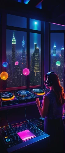 cyberpunk,synth,neon cocktails,colorful city,djn,cityscape,colored lights,mixing table,playing room,above the city,dj,neon,neon light,muzik,fantasy city,aesthetic,electronica,cyberscene,urban,neon lights,Conceptual Art,Sci-Fi,Sci-Fi 12