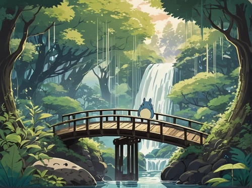 waterfall,adventure bridge,bamboo forest,rainforest,arbor,water falls,scenic bridge,falls,water fall,waterfalls,ash falls,bridal veil fall,torii,rainforests,ghibli,green waterfall,japanese garden,kanto,rain forest,kyoto,Illustration,Vector,Vector 01