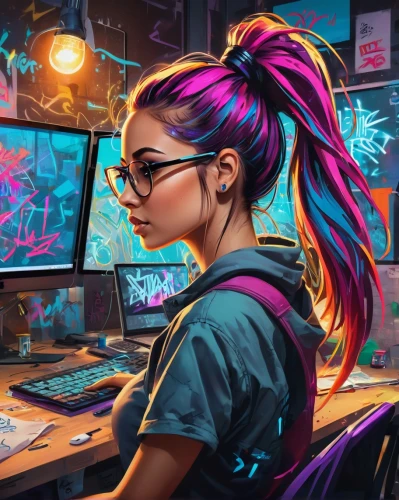 girl at the computer,cyberpunk,programadora,computer art,cyberpunks,computer freak,colorful background,cyber glasses,world digital painting,computer graphic,computerologist,kda,cyberathlete,cyberangels,desk top,computadoras,unicorn background,cyberia,welin,art background,Conceptual Art,Graffiti Art,Graffiti Art 09