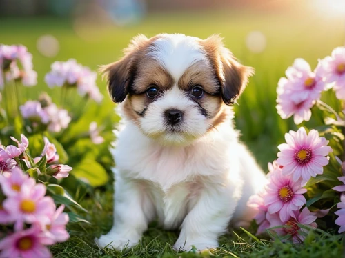 cute puppy,shih tzu,st bernard outdoor,cavalier king charles spaniel,st bernard,pekinese,flower background,dubernard,havanese,australian shepherd,flower animal,little flower,shih poo,dog pure-breed,cute animals,beautiful girl with flowers,flower girl,beautiful flower,blanket of flowers,dog photography,Conceptual Art,Sci-Fi,Sci-Fi 19