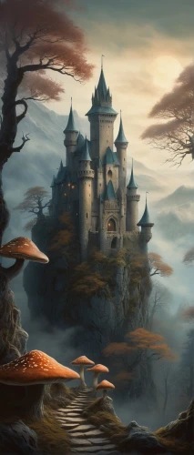 fantasy landscape,fantasy picture,haunted castle,ghost castle,halloween background,witch's house,fairy tale castle,fantasy art,castle of the corvin,elfland,mushroom landscape,castlevania,the haunted house,fablehaven,cartoon video game background,darklands,fairytale castle,neverwinter,haunted house,blackmoor,Illustration,Realistic Fantasy,Realistic Fantasy 16