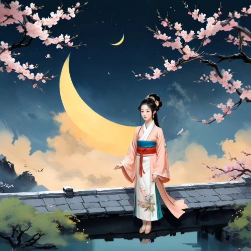 hanfu,chuseok,sakura background,japanese sakura background,hanbok,hanami,hakama,mid-autumn festival,plum blossoms,amaterasu,yukata,cherry blossoms,moonlit night,the cherry blossoms,geisha girl,plum blossom,cherry blossom,sango,qibao,moon and foliage,Unique,Design,Character Design