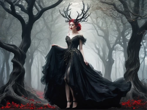 gothic woman,unseelie,demoness,persephone,gothic dress,seelie,malefic,sirenia,the enchantress,queen of hearts,black forest,fairy queen,arachne,fantasy picture,gothic portrait,samhain,maleficent,ballerina in the woods,black queen,rasputina,Illustration,Paper based,Paper Based 20