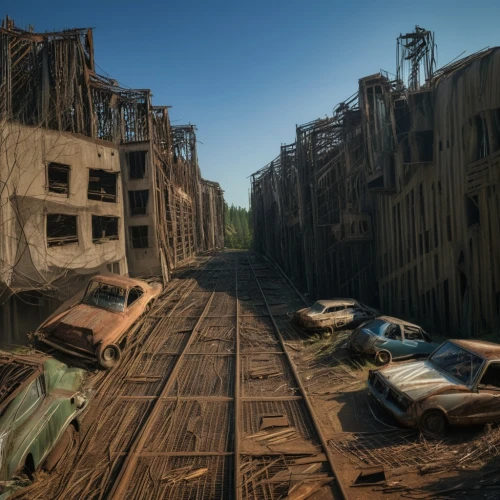 belchite,pripyat,brownfields,destroyed city,post apocalyptic,norilsk,post-apocalyptic landscape,teardowns,humberstone,brownfield,abandoned places,luxury decay,salvage yard,destroyed houses,shantytowns,dereliction,wastelands,scrapyard,rusty cars,delapidated,Photography,General,Realistic