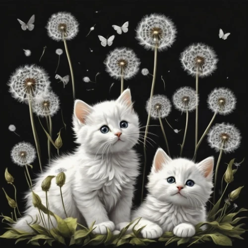 white daisies,daisies,kittens,flower cat,white cat,dandelion background,cat lovers,snowcats,dandelions,cute cartoon image,pink daisies,cartoon flowers,little angels,twin flowers,baby cats,felids,flower background,blossom kitten,white flowers,catterns