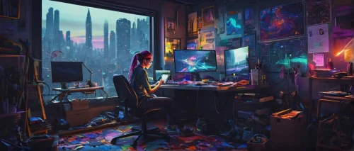 cyberpunk,girl at the computer,computer room,man with a computer,cyberscene,computer addiction,computer,cyberia,computer art,computer freak,world digital painting,cybertown,computerized,computerworld,playing room,computation,computer workstation,creative office,computerologist,cyberworld,Illustration,Retro,Retro 25