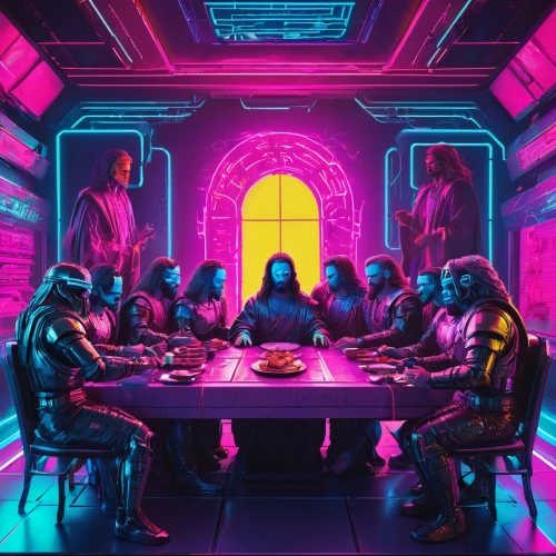last supper,holy supper,xmen,diner,cantina,dining,lachapelle,x men,cyberpunk,roundtable,dinner party,family dinner,casablancas,tron,fellowship,guardians of the galaxy,neon coffee,round table,neon drinks,testament,Conceptual Art,Sci-Fi,Sci-Fi 27