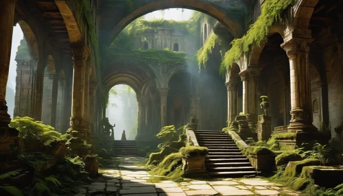 ruins,labyrinthian,rivendell,hall of the fallen,theed,fantasy landscape,ruin,moss landscape,verdant,overgrowth,the mystical path,archways,ancient city,fantasy picture,doorways,cryengine,monastery,ancient ruins,monasteries,ruinas,Illustration,Realistic Fantasy,Realistic Fantasy 10