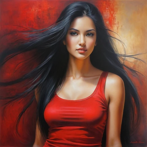 asian woman,young woman,man in red dress,art painting,indian woman,romantic portrait,oil painting on canvas,oil painting,elektra,girl portrait,donsky,vietnamese woman,mystical portrait of a girl,woman portrait,portrait of a girl,red background,lady in red,italian painter,aliyeva,peruvian women,Conceptual Art,Daily,Daily 32