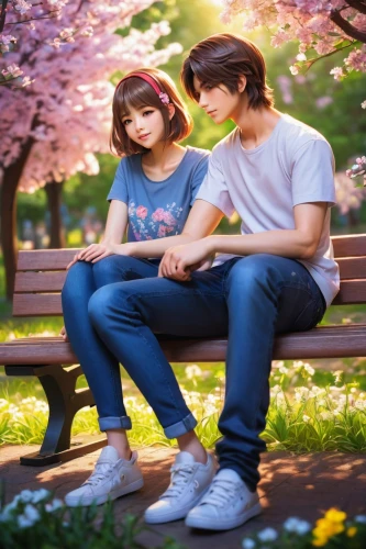 japanese sakura background,hanami,the cherry blossoms,romantic scene,girl and boy outdoor,young couple,sakura background,clannad,park bench,cherry blossoms,romantic portrait,sakura trees,tomoharu,spring background,anime japanese clothing,chidori is the cherry blossoms,springtime background,japanese floral background,moorii,sakura tree,Illustration,Realistic Fantasy,Realistic Fantasy 08