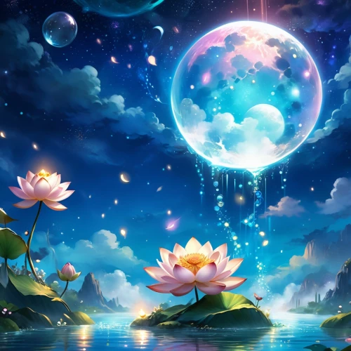 water lotus,moon and star background,full hd wallpaper,dreamscapes,fantasy picture,dreamscape,water lilies,waterlily,moonflower,waterlilies,fantasy landscape,fairy world,beautiful wallpaper,flowers celestial,starflower,blue moon rose,lotus blossom,magic star flower,cosmic flower,flower of water-lily,Illustration,Realistic Fantasy,Realistic Fantasy 01