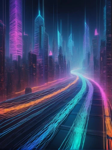 cybercity,futuristic landscape,cybertown,superhighways,cyberworld,tron,cyberpunk,cyberspace,cyberscene,colorful city,cyberport,futurist,neon arrows,city highway,cyberia,lightwave,light trail,electroluminescent,cityscape,superhighway,Conceptual Art,Fantasy,Fantasy 21