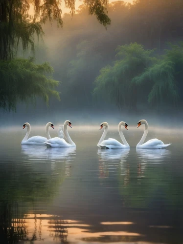 swan lake,swan family,swans,canadian swans,trumpeter swans,young swans,swan pair,baby swans,cygnets,swanning,white swan,swan,swan on the lake,swansong,constellation swan,trumpeter swan,wild geese,pelicans,trumpet of the swan,mourning swan,Illustration,Realistic Fantasy,Realistic Fantasy 20