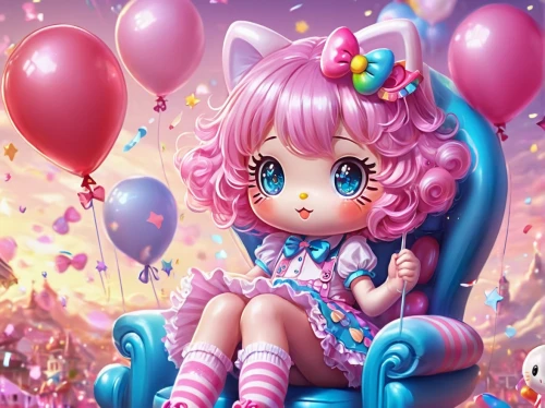 decora,pink balloons,chibiusa,little girl with balloons,birthday banner background,candyland,colorful balloons,blue heart balloons,birthday background,doll cat,ballooned,cute cartoon character,balloons,happy birthday balloons,balloon,star balloons,cupcake background,bonbon,balloonist,candy island girl,Illustration,Realistic Fantasy,Realistic Fantasy 37