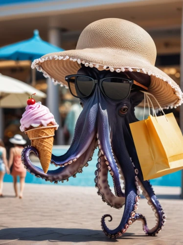 woman with ice-cream,intersquid,fun octopus,summer hat,beachcomber,octopi,ordinary sun hat,summer umbrella,beachgoer,mock sun hat,squid rings,beach umbrella,summer clip art,shopping icon,renderman,cephalopod,squid,aglycone,the beach crab,ice cream cone,Photography,General,Realistic