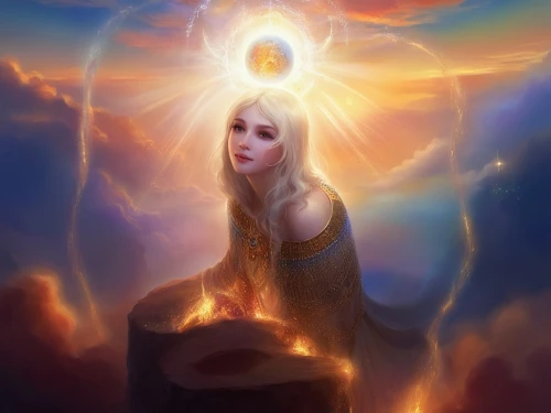 priestess,the pillar of light,mediumship,haloes,mystical portrait of a girl,hecate,estess,inner light,light bearer,galadriel,ashtar,sigyn,spiritualist,lorien,fantasy portrait,elenore,sorceress,amalthea,elohim,zadkiel,Illustration,Realistic Fantasy,Realistic Fantasy 01