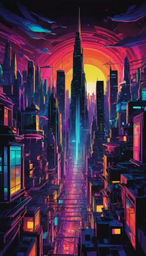 cybercity,cyberpunk,cityscape,colorful city,metropolis,digitalism,cybertown,fantasy city,futuristic landscape,synth,tokyo city,shinjuku,futuristic,futurepop,cyberscene,beautiful wallpaper,futurist,city skyline,cyberia,cyberworld,Illustration,American Style,American Style 06