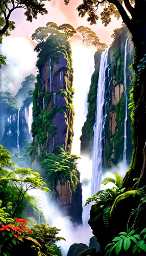 cartoon video game background,rainforests,rainforest,nature background,tropical forest,rain forest,waterfalls,ash falls,waterfall,landscape background,brown waterfall,cascada,green waterfall,tropical jungle,jungle,water falls,neotropical,water fall,jungles,fantasy landscape,Illustration,Realistic Fantasy,Realistic Fantasy 21