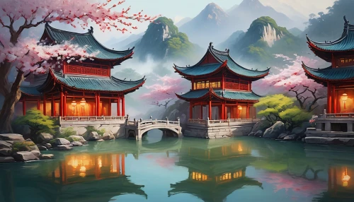 qingcheng,oriental,world digital painting,asian architecture,fantasy landscape,landscape background,shaoming,oriental painting,wulin,lijiang,japanese sakura background,qibao,teahouses,water lotus,qingming,lotus pond,wudang,rongfeng,baiul,tianxia,Conceptual Art,Oil color,Oil Color 18