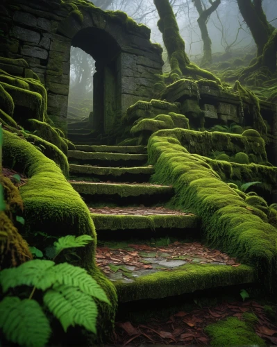 moss landscape,mossy,forest moss,winding steps,moss,forest floor,abandoned place,abandoned places,green forest,elven forest,ancient ruins,mosses,fairytale forest,elfland,witch's house,fairy forest,house in the forest,enchanted forest,ferns,abandoned,Illustration,American Style,American Style 12