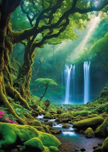 nature wallpaper,green waterfall,nature background,fairy forest,fairytale forest,moss landscape,tropical forest,elven forest,green forest,aaaa,verdant,patrol,green wallpaper,fantasy picture,fairy world,rainforests,aaa,forest landscape,green trees with water,enchanted forest,Conceptual Art,Sci-Fi,Sci-Fi 04