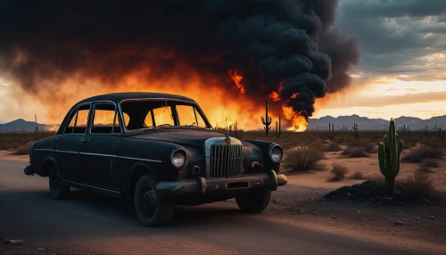 firestorms,burnout fire,apocalyptic,scorched,scorched earth,apocalypse,jalopy,fordlandia,exploder,burned land,dustbowl,mojave desert,wildfire,brokedown,wildfires,willys jeep,burning man,the conflagration,post apocalyptic,city in flames,Illustration,Realistic Fantasy,Realistic Fantasy 12