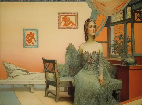 leighton,art deco woman,chromolithography,odalisque,girl in a long dress,rathmann,woman on bed,orientalist,pimenov,schiaparelli,nightdress,safronov,guccione,mucha,evening dress,habanera,woman with ice-cream,lamour,tretchikoff,sedlacek,Illustration,Retro,Retro 03