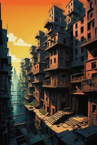 scampia,apartment block,apartment blocks,city blocks,density,destroyed city,post-apocalyptic landscape,high rises,microdistrict,hashima,highrises,slums,township,kowloon city,blocks of houses,urbanworld,metropolis,gunkanjima,cybertown,post apocalyptic,Illustration,Japanese style,Japanese Style 20