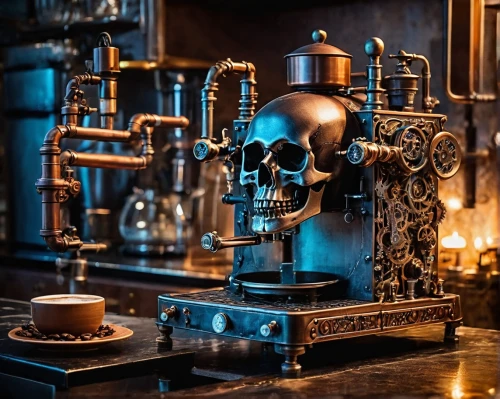 skull sculpture,vanitas,skulls,steampunk,boho skull,skull statue,skull bones,skullduggery,skulls bones,memento mori,vintage skeleton,espresso,skull and cross bones,steampunk gears,coffee machine,skulls and,distillation,engine room,skull and crossbones,steam engine,Art,Artistic Painting,Artistic Painting 42