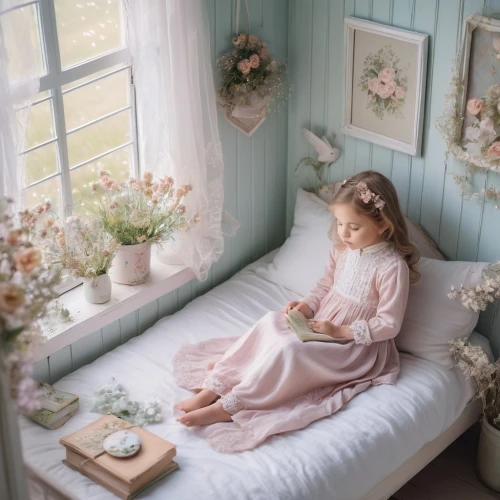 heatherley,the little girl's room,peignoir,little girl reading,relaxed young girl,restful,eglantine,nursery,little girl fairy,doll house,aerith,vintage angel,soft pastel,photorealist,idyll,arrietty,child's diary,doll kitchen,window sill,quietude,Photography,General,Natural